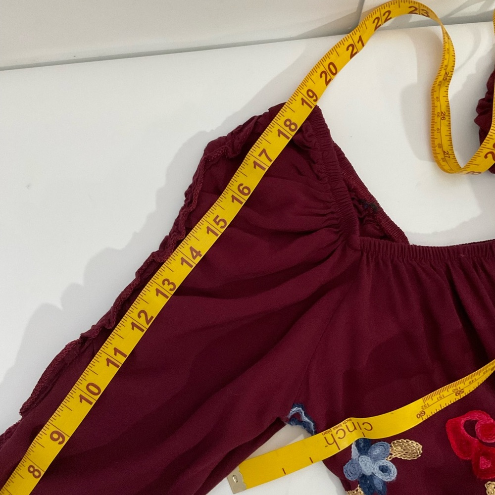 Clarita Floral Embroidered Burgundy Square Neck Gathered Long Sleeve Top No Size - Picture 12 of 14